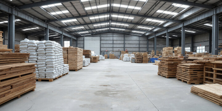 Construction Material Supply Warehouse A spacious warehouse with stacks of construction materials such as cement bags, wooden planks, and steel