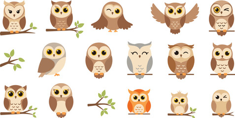 Fototapeta premium Cute Owl Cartoon Character Vector Set with Sitting, Flying, Perching Poses, Forest Branch Elements, and Adorable Nocturnal Bird Illustrations for Kids and Nursery Designs.