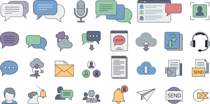 Modern Communication and Messaging Icon Set with Chat Bubbles, Email, Cloud Transfer, Notifications, User Interface Elements for Apps, Websites, and Digital Media Design.