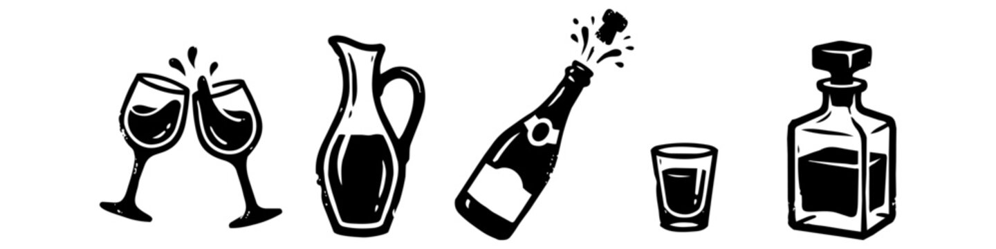 Black and White Hand-Drawn Vector Icons of Alcoholic Drinks and Barware Featuring Wine Toast, Popping Champagne Bottle, Shot Glass, and Decanters for Celebration and Restaurant Menu Design