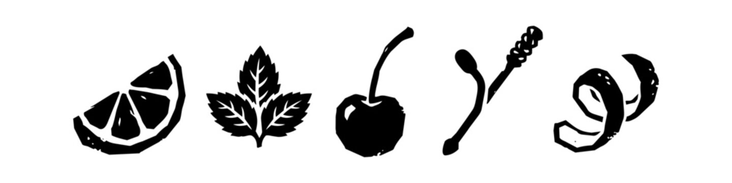 Hand-Drawn Cocktail Garnish and Barware Icon Set Featuring Citrus Slice, Mint Leaves, Cherry, Bar Spoon, and Orange Twist in Linocut Style Illustration