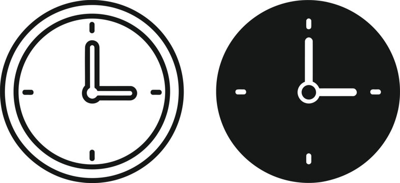 Two minimalist circular wall clock icons showing three o clock for time management and business schedules