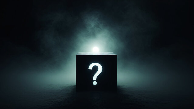 Glowing Question Mark in Dark Box Concept Unknown