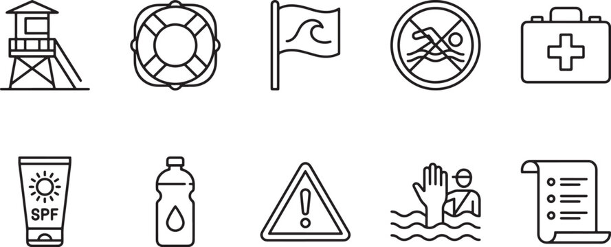 Set of ten beach safety and rescue icons including lifeguard tower lifebuoy warning flag no swimming sign first aid kit sunscreen water bottle caution sign drowning help and rules Vector