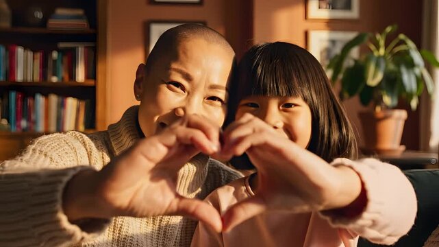 Madre asi&aacute;tica calva y su hija forman un coraz&oacute;n con las manos, retrato emotivo de amor y superaci&oacute;n del c&aacute;ncer para el D&iacute;a de la Madre y publicidad de salud y bienestar.