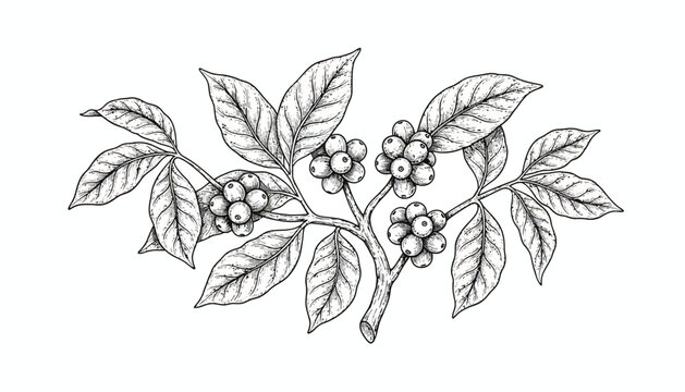 black and white line drawing of coffee plant branch with leaves and berries