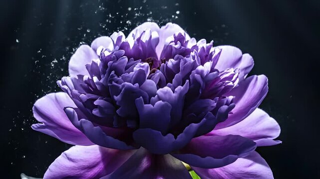 Peon&iacute;a p&uacute;rpura floreciendo en timelapse bajo luz dram&aacute;tica con part&iacute;culas, ideal para regalos del D&iacute;a de la Madre, fondos elegantes de primavera y conceptos de belleza y vida.
