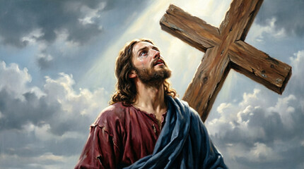 Fototapeta premium Elegant sacred painting of Jesus crying in holy abandonment under divine light.