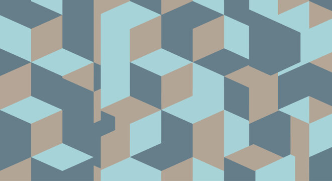 Geometric pattern of abstract cubes in muted blue and tan tones creating a modern background