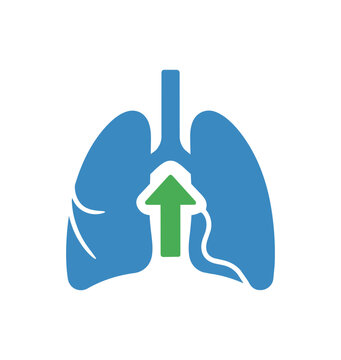 Medical illustration of lungs with upward arrow representing respiration process