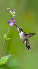Fototapeta premium A hummingbird sips nectar from a purple flower