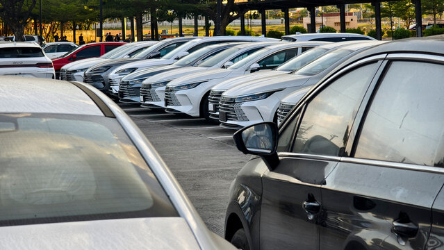 BYD sedans lined in large unsold inventory lot managing excess vehicles stored in unsecured off-site overflow parking area