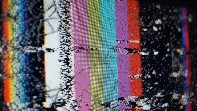 Abstract Television Static and Color Bars Displayed on Screen.
