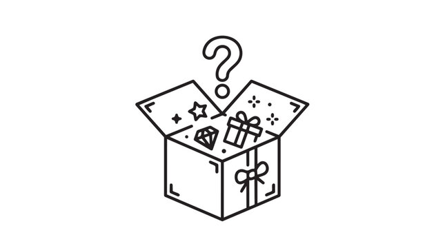 Surprise gift box with diamond present sparkles question mark line art