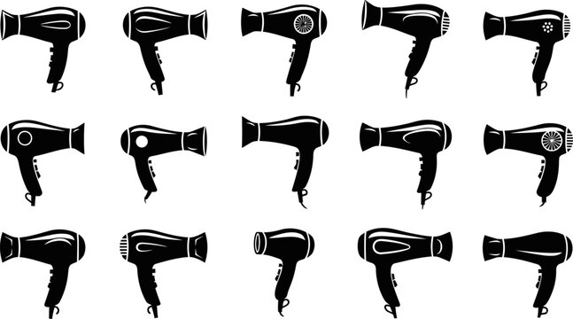 Set of black hair dryer silhouette icons on transparent background eps.