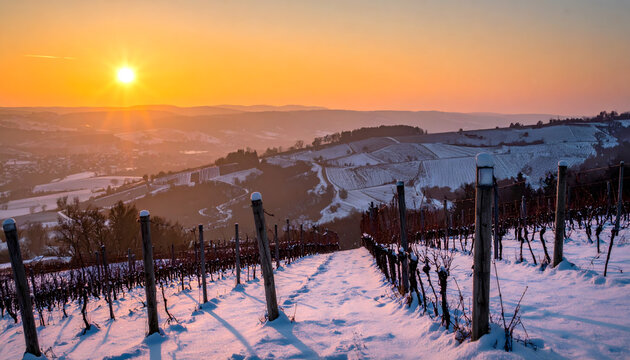 Snow covered vineyard landscape at sunset featuring bare vines and wooden poles under a beautiful orange and pink sky setting generative AI