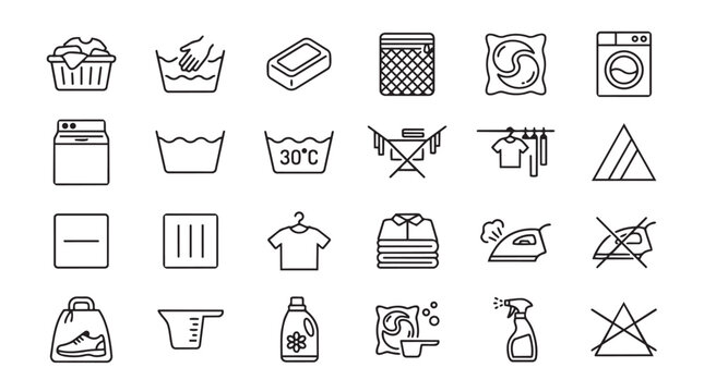 Hand-drawn icons for laundry and dry cleaning services with washing machine