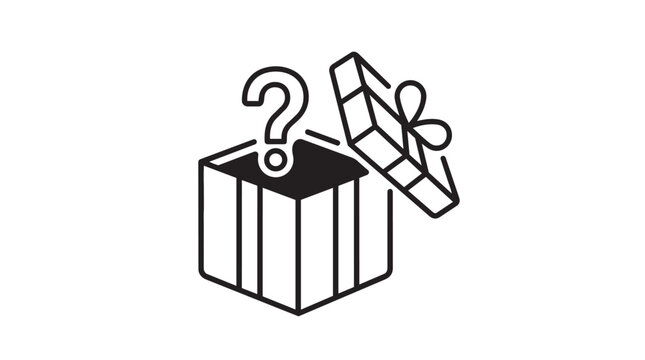Mystery gift box with question mark icon line art black and white flat design