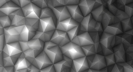 Obraz premium Dynamic abstract low poly texture in grayscale, featuring a complex geometric surface with sharp, faceted triangles and polygonal shapes, creating a modern digital background
