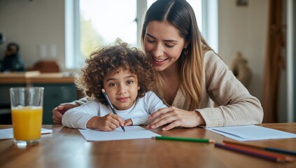 Obraz premium Smiling Mother and Child Drawing Together at Home on a Sunny Day