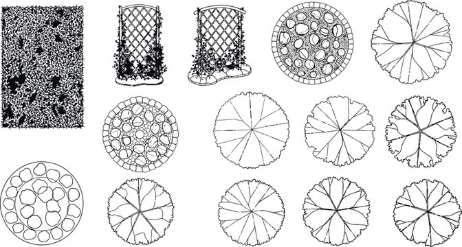 Landscape architecture top view elements set with trees shrubs and garden trellis in hand drawn sketch style