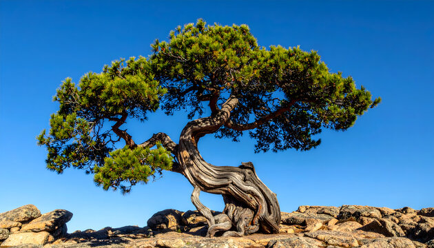 Twisted tree with lush green leaves stands on a rocky surface against a clear blue sky creating a peaceful atmosphere generative AI