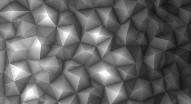 Dynamic abstract low poly texture in grayscale, featuring a complex geometric surface with sharp, faceted triangles and polygonal shapes, creating a modern digital background
