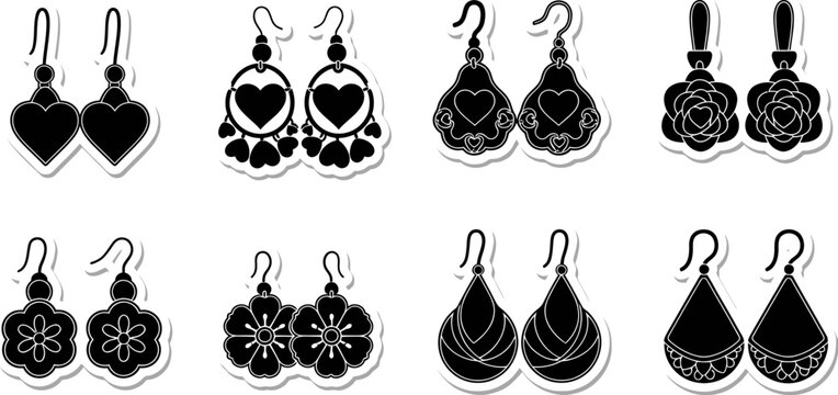 Set of eight pairs of fashion earrings silhouettes vector graphics as editable eps files.
