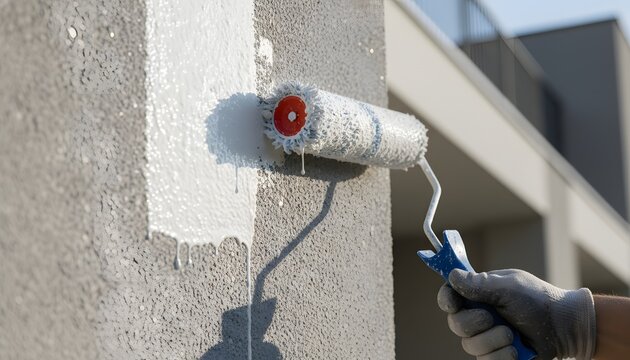 Professional worker applying facade primer coat to a modern building wall during a home renovation and repair project for construction improvement concept