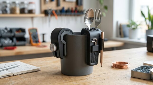 An innovative attachment connecting to a common object, clever fit, practical materials and sharp product detail in a clean modern setup, ultra-realistic, no logos.