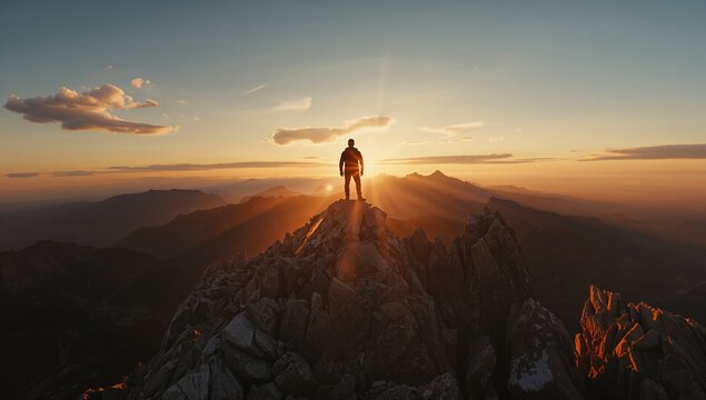 Silhouette of a Hiker at Sunrise on a Mountain Peak