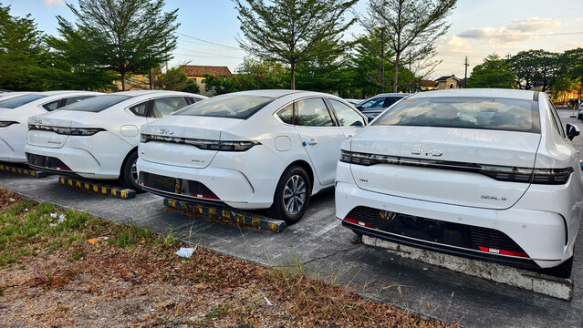 BYD Seal 5 sedans stored in overflow inventory lot managing excess unsold vehicles in unsecured off-site parking area