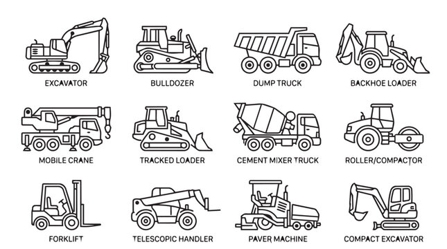 Collection of labeled outline icons for construction vehicles and equipment