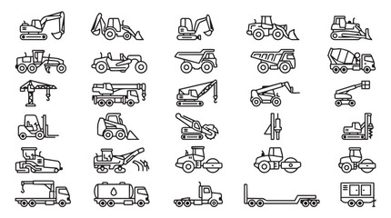 Collection of construction vehicles and machinery icons in outline style © MdAiyub