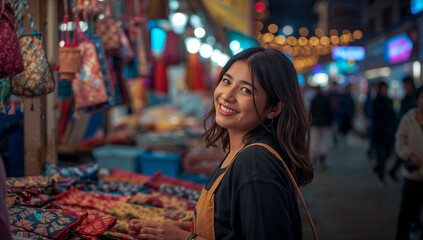 Fototapeta premium Young Woman Smiling in Vibrant Market at Night with Colorful Lights