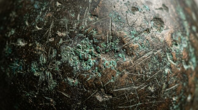Macro close-up of a worn dark bronze surface, green oxidation patches, fine scratches, aged patina, soft studio box light revealing metallic depth and antique character, ultra-realistic, no logos.