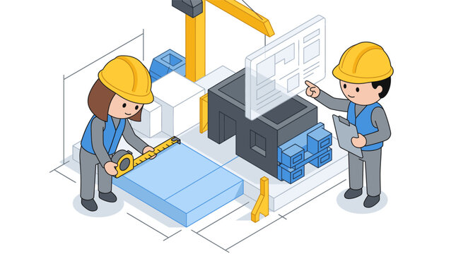 Isometric Construction Workers Planning Building Project