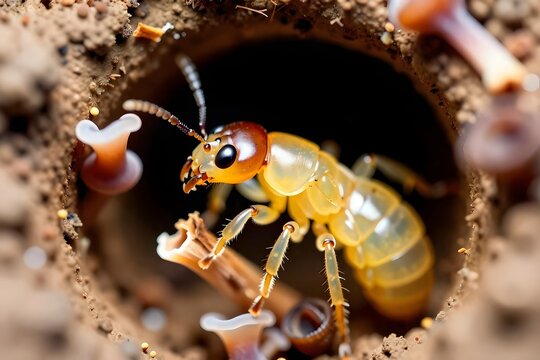 Macro shot of a termite worker in an underground tunnel.