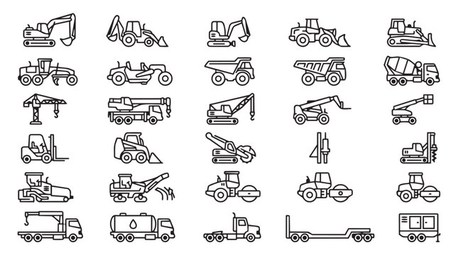 Collection of construction vehicles and machinery icons in outline style