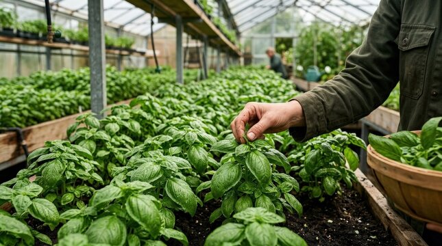 A hand gently harvesting fresh basil in a greenhouse, dense green rows, moist leaves, filtered daylight and a thriving cultivated atmosphere, ultra-realistic, no logos.
