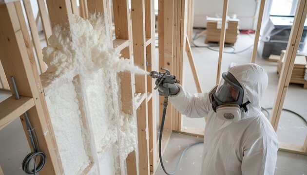 Professional man applying spray foam insulation inside a building during a home renovation project for thermal protection and energy saving concept