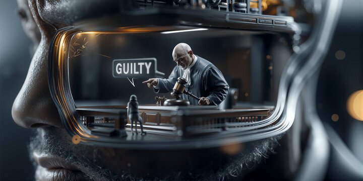 Reflective eyewear portrays intense courtroom scenario with holographic guilty indication