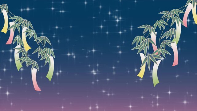 星の輝きと七夕の笹の葉飾りが揺れる風景イラスト