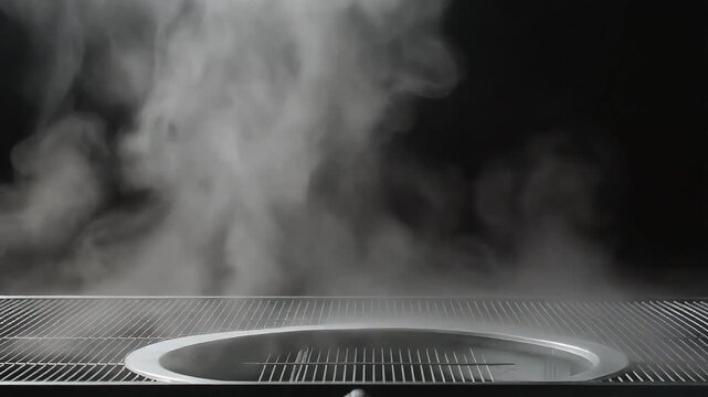 White Smoke Rising From Metal Grill Against Black Background Cinematic