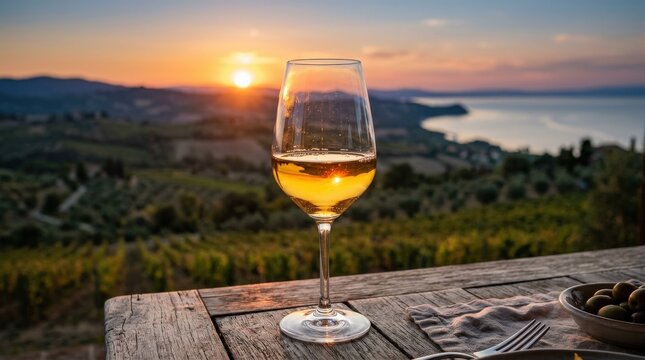 Golden wine catching sunset reflections in a clear glass, warm highlights and tranquil background creating a peaceful refined atmosphere, ultra-realistic, no logos.