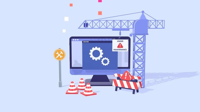 Animated concept of website maintenance and construction showing web development updates, server downtime, and system repair process. Ideal for IT, hosting, and technology themes.