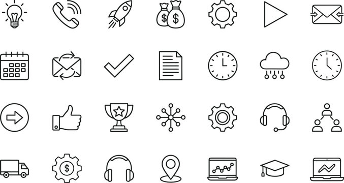 Business and technology icon collection featuring light bulb, rocket, money bag, gear, calendar, trophy, laptop, and communication symbols