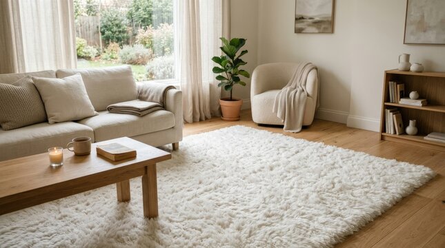 A plush white rug in a calm home interior, soft pile, clean styling and gentle light inviting relaxation and comfort, ultra-realistic, no logos.