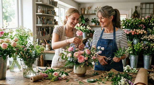 A mother and daughter florists working on a flower arrangement in a shop, fresh blooms, scissors, delicate stems and soft natural light, creative nurturing atmosphere, ultra-realistic, no logos.