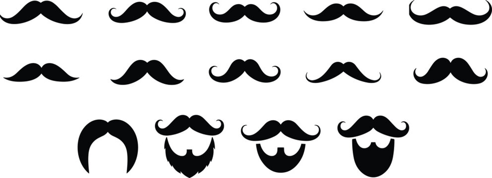 Facial hair silhouette illustration collection featuring diverse mustache and beard styles with creative fashion and character design